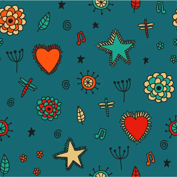 Niedliche nahtlose Muster mit Blumen Herzen und Sternen. — Stockvektor