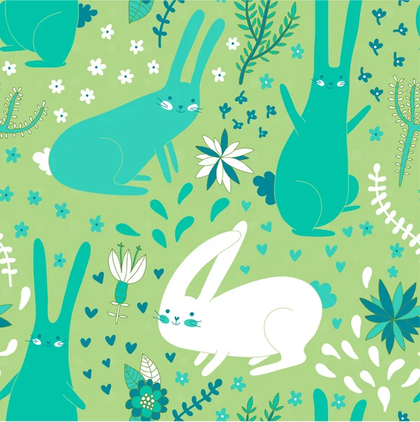 可爱兔子与植物的无缝格局 — 图库矢量图片