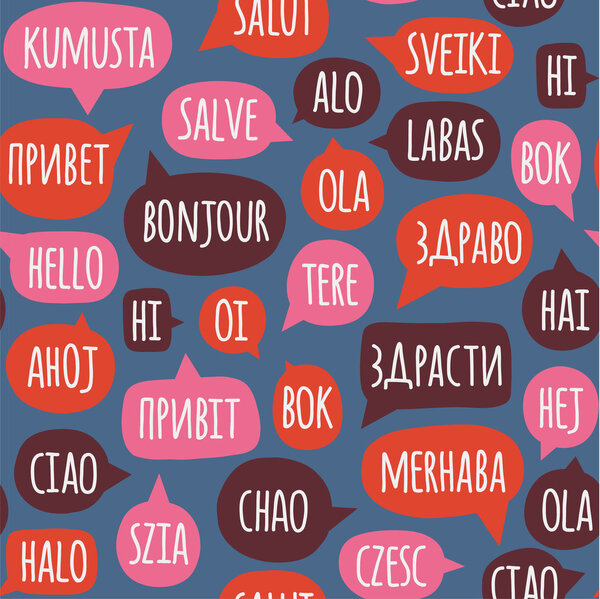 Seamless pattern with speech bubbles with the word hello in different languages