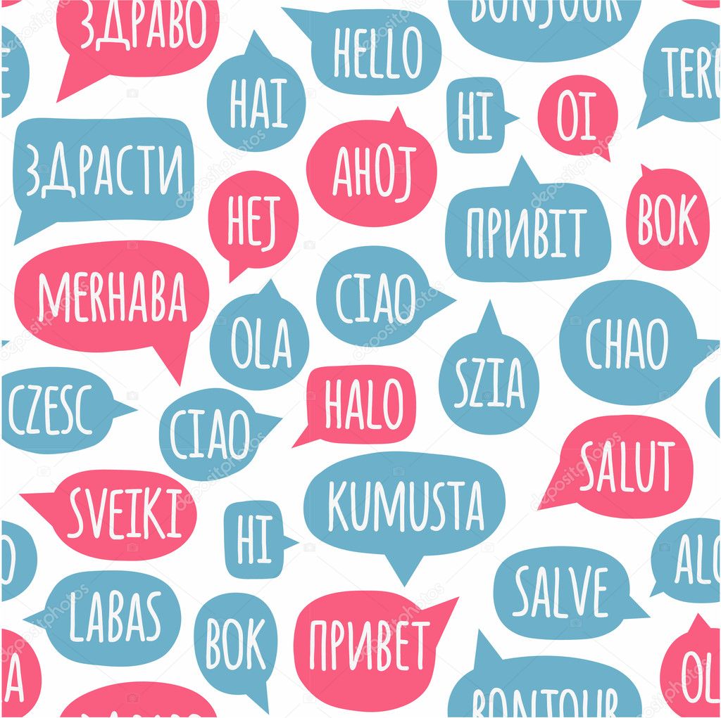 Seamless pattern with speech bubbles with the word hello in different languages