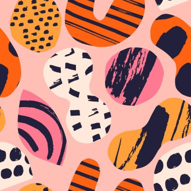 Kağıt kesiği ve mürekkep dokusuyla kusursuz doku. Büyük modern şekilleri ve koyu renkleri olan vektör deseni. Yaratıcı sanatsal arkaplan