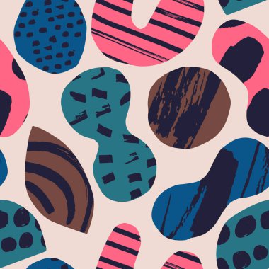 Kağıt kesiği ve mürekkep dokusuyla kusursuz doku. Büyük modern şekilleri ve koyu renkleri olan vektör deseni. Yaratıcı sanatsal arkaplan