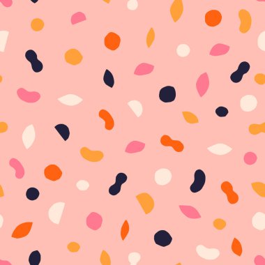 Farklı modern şekillere sahip kusursuz bir doku. Kağıt kesiği geometrik şekilli yaratıcı desen. Çok renkli arkaplan