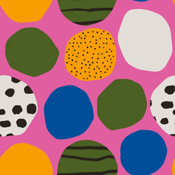 Vector seamless pattern with circles and ink texture. Bright and Bold background. Modern geometrical texture