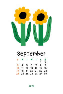 Beautiful Floral Calendar - September 2023. Botanical printable Vector template. Monthly calendar with hand drawn Flower.