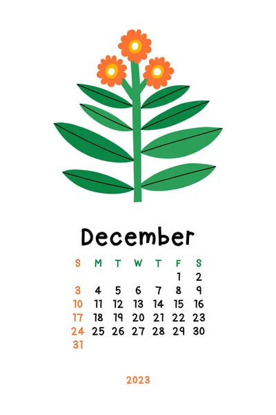 Vacker Blomsterkalender December 2023 Botanisk Tryckbar Vektormall Månadskalender Med Handritade — Stockfoto