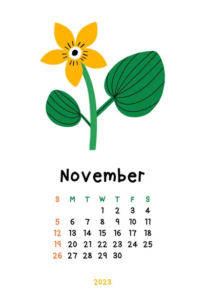Beautiful Floral Calendar November 2023 Botanical Printable Vector Template Monthly — Foto Stock