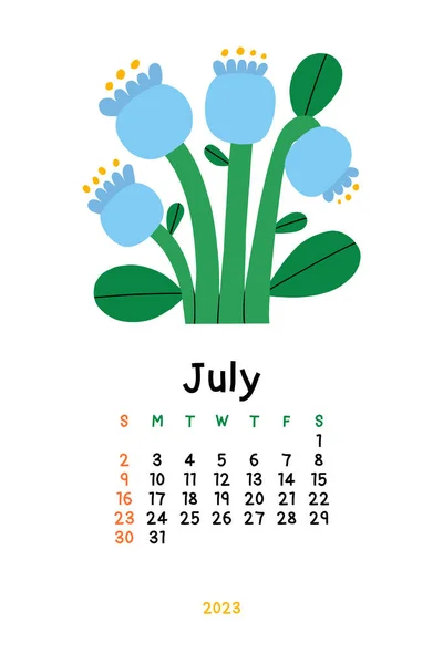 美丽的花历 2023年7月 植物学可打印向量模板 附有手绘花卉的月历 — 图库照片