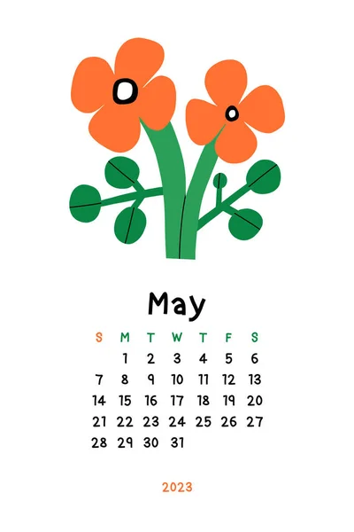Gyönyörű Virágnaptár Május 2023 Botanikus Nyomtatható Vektor Sablon Havi Naptár — Stock Fotó