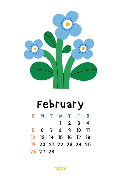 美丽的花历 2023年2月 植物学可打印向量模板 附有手绘花卉的月历 — 图库照片