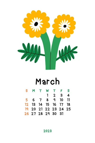 Beautiful Floral Calendar March 2023 Botanical Printable Vector Template Monthly — Stockfoto