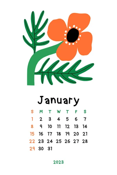 Schöner Blumenkalender Januar 2023 Botanisch Druckbare Vektorvorlage Monatskalender Mit Handgezeichneter — Stockfoto