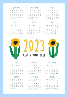 Güzel Çiçek Takvimi - İyi yıllar - 2023. Botanik yazdırılabilir vektör şablonu. 2023 yılı için elle çizilmiş aylık takvim. Cesur takvim tasarımı. Hafta Pazar 'dan itibaren başlıyor