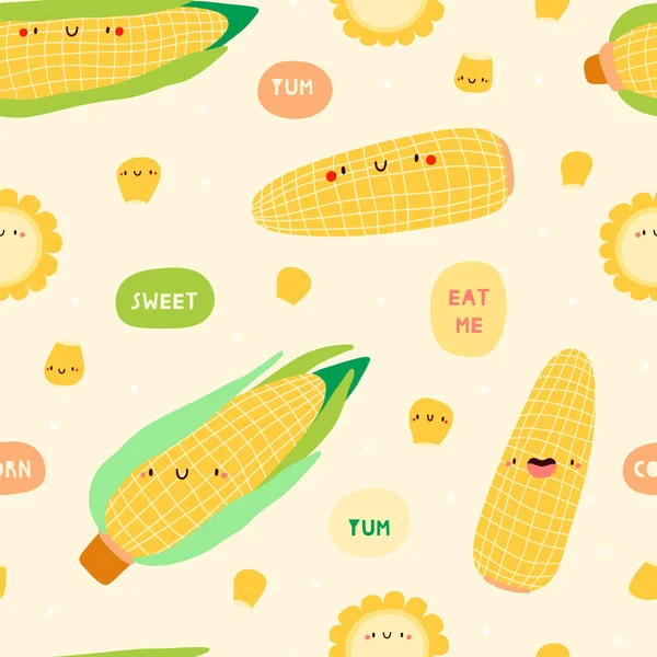 甘いコーンと超かわいい季節のパターン 夏の季節野菜の背景 笑顔の甘いトウモロコシの文字 かわいい食感 — ストック写真