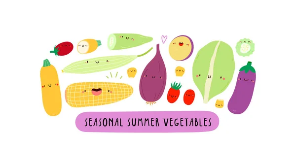 Cute vector illustration with Seasonal Summer Vegetables on a white background. Smiley cartoon food characters - Lettuce, Tomato, Eggplant, Yellow Zucchini, Sweet Corn. Healthy vegetables banner