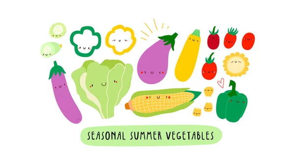 Cute vector illustration with Seasonal Summer Vegetables on a white background. Smiley cartoon food characters - Lettuce, Tomato, Eggplant, Yellow Zucchini, Sweet Corn. Healthy vegetables banner