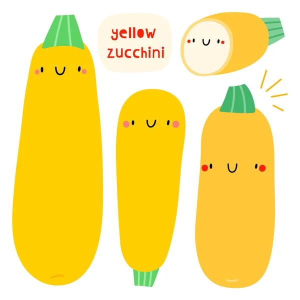 超级可爱的向量集 不同的手绘黄色的Zucchini 季节性的黄色苏其尼蔬菜的特点与笑脸 有趣的食物说明 — 图库照片