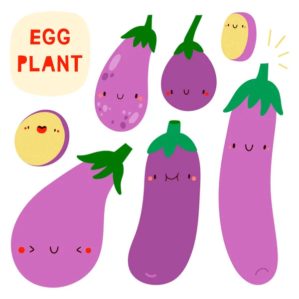 Super Cute Vector Set Different Hand Drawn Eggplant Seasonal Eggplant — Stock Photo, Image