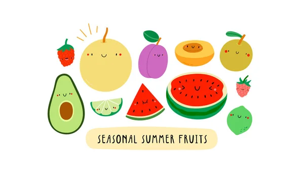Cute illustration with Seasonal Summer Fruits on a white background. Smiley cartoon food characters - Watermelon, Raspberry, Plum, Asian Pear, Apricot, Melon, Lime. Healthy fruits banner