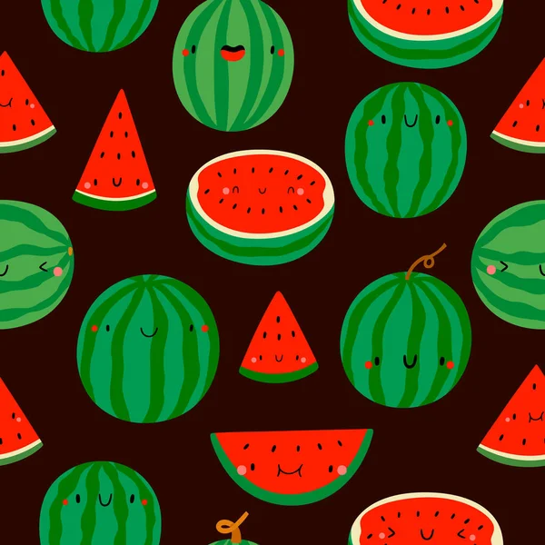 超级可爱的西瓜季节性图案 夏季水果背景 笑笑西瓜的角色 黑色背景上有脸的西瓜片 — 图库照片