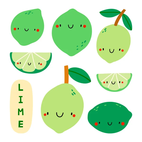 Super Söt Uppsättning Olika Handritade Limes Säsong Lime Frukt Karaktär — Stockfoto