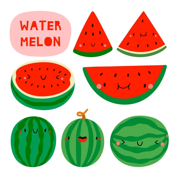 Super Söt Uppsättning Olika Handritade Vattenmelon Säsong Vattenmelon Frukt Karaktär — Stockfoto