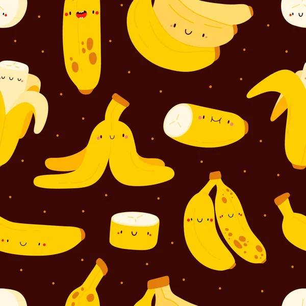 Cute Seamless Vector Pattern Different Bananas Summer Fruits Texture Black — Vettoriale Stock