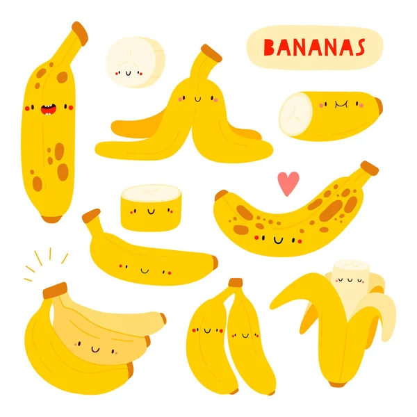 Super Cute Vector Collection Hand Drawn Bananas Summer Fruit Set — Stock Vector