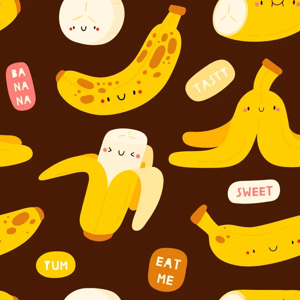 Seamless Vector Pattern Bananas Characters Speech Bubbles Funny Cute Food — Stock Vector