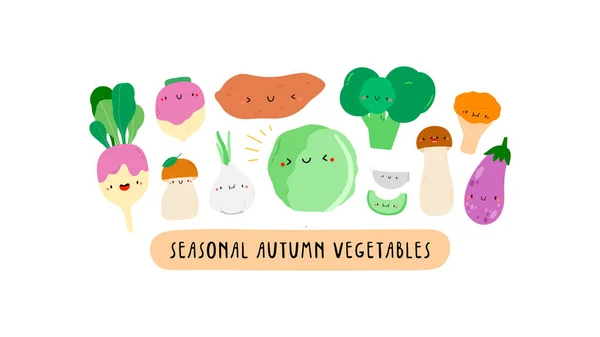 Cute Illustration Seasonal Autumn Vegetables White Background Cartoon Food Characters — Stockvector