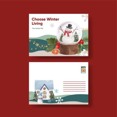 Kışın yaşam konsepti olan bir kartpostal şablonu, suluboya stil
