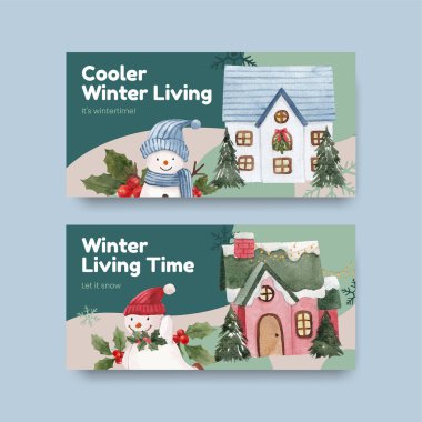 Kış yaşam konseptiyle Twitter şablonu, suluboya tarzı