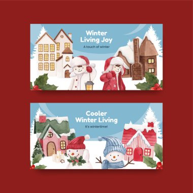 Kış yaşam konseptiyle Twitter şablonu, suluboya tarzı