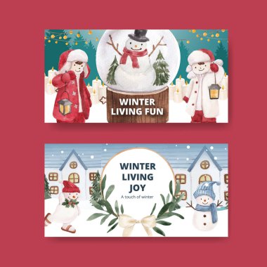 Kış yaşam konseptiyle Twitter şablonu, suluboya tarzı