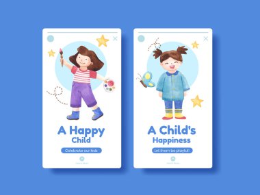 Mutlu çocuk konsepti olan Instagram şablonu, suluboya stil