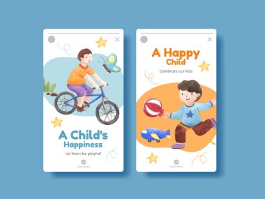 Mutlu çocuk konsepti olan Instagram şablonu, suluboya stil