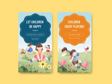 Mutlu çocuk konsepti olan Instagram şablonu, suluboya stil