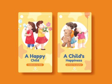 Mutlu çocuk konsepti olan Instagram şablonu, suluboya stil