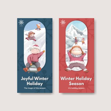 Mutlu kış konseptiyle uçan şablon, suluboya stil