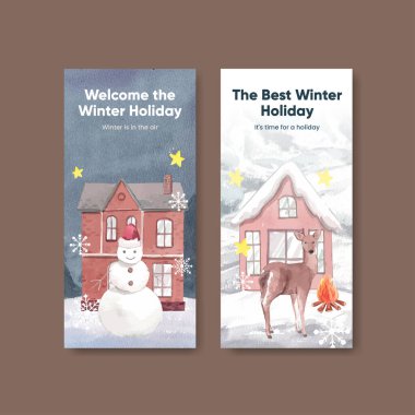 Mutlu kış konseptiyle uçan şablon, suluboya stil