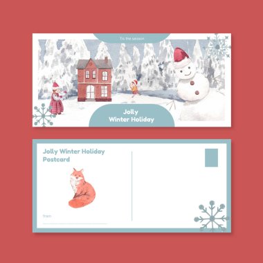 Mutlu kış konsepti, suluboya şekilli kartpostal şablonu