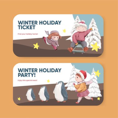 Bilet şablonu mutlu kış konsepti, suluboya stil