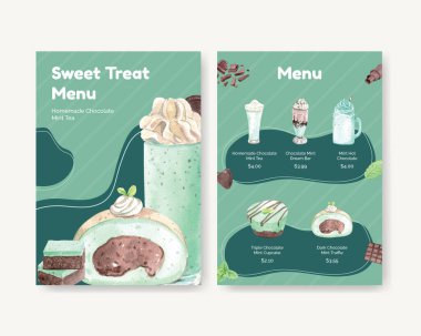 Çikolatalı nane şekerli menü şablonu, suluboya stil.