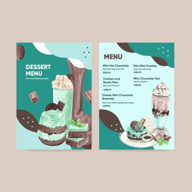 Çikolatalı nane şekerli menü şablonu, suluboya stil.