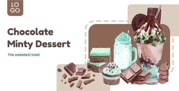 Шаблон Шоколадным Мятным Десертом Акварельный Стиль — стоковый вектор