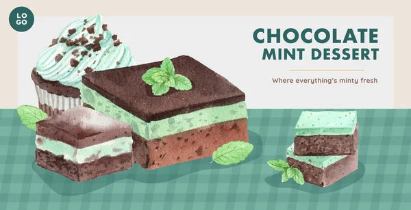 Billboard Template Chocolate Mint Dessert Concept Watercolor Styl — Stock Vector