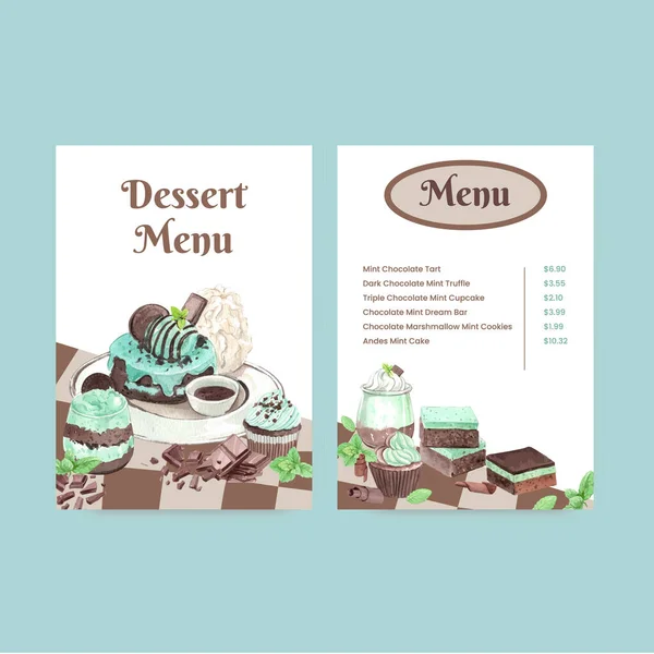 Plantilla Menú Con Concepto Postre Menta Chocolate Estilo Acuarela — Vector de stock