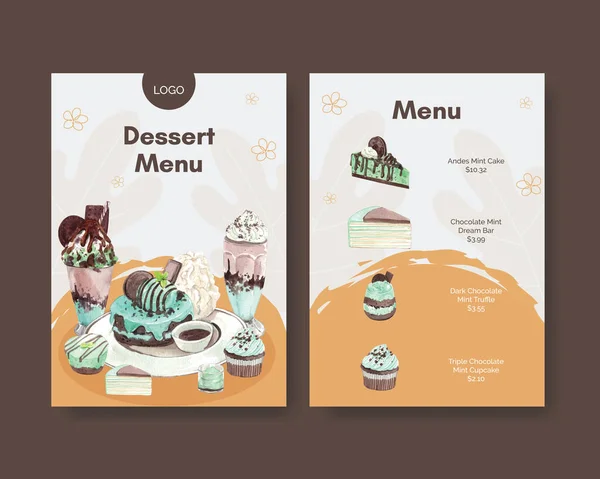 Menu Template Met Chocolade Munt Dessert Concept Aquarel Styl — Stockvector