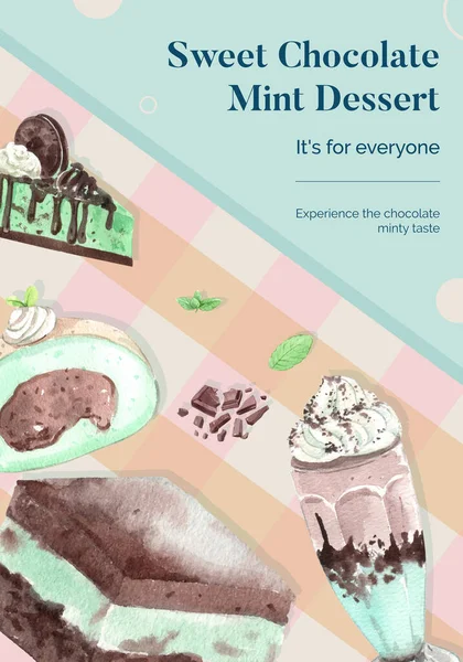 Modello Poster Con Concetto Dessert Alla Menta Cioccolato Stile Acquerello — Vettoriale Stock