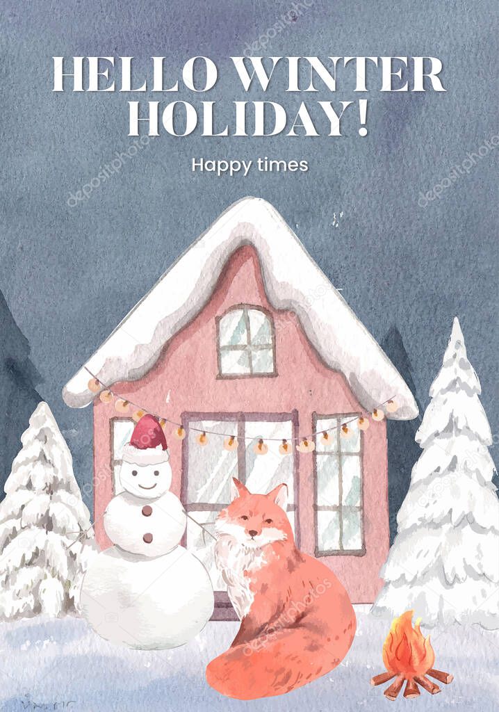 Poster template with happy winter concept,watercolor style